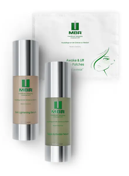 product arrangement of skin lightening serum, tissue activator serum and awake & lift eye patches - biochange collection
