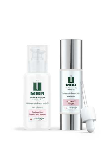 product arrangement of three in one cleanser and mudukine serum - continue line collection