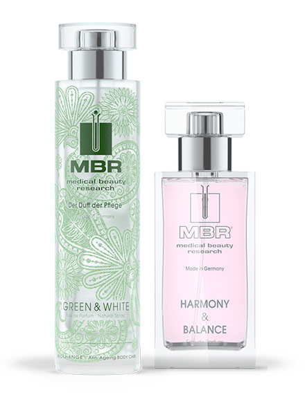 product arrangement of fragrances green & white, harmony & balance - fragrance collection